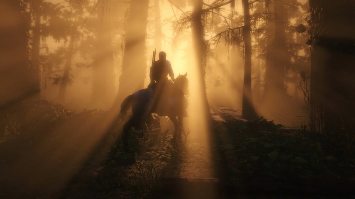 Arthur Morgan riding a blue roan Nokota horse in the swamp. Golden sunlight pours through the trees and the light mist in the air. Arthur and the horse are somewhat silhouetted against the light.