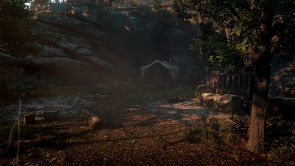 A shot taken during the middle of the mission "Red Dead Redemption." Susan Grimshaw lies dead on the ground near a wagon on the right. On the left, Arthur Morgan and John Marston take cover. Behind them is the cave. Dutch's tent looks like it leads directly into the cave.