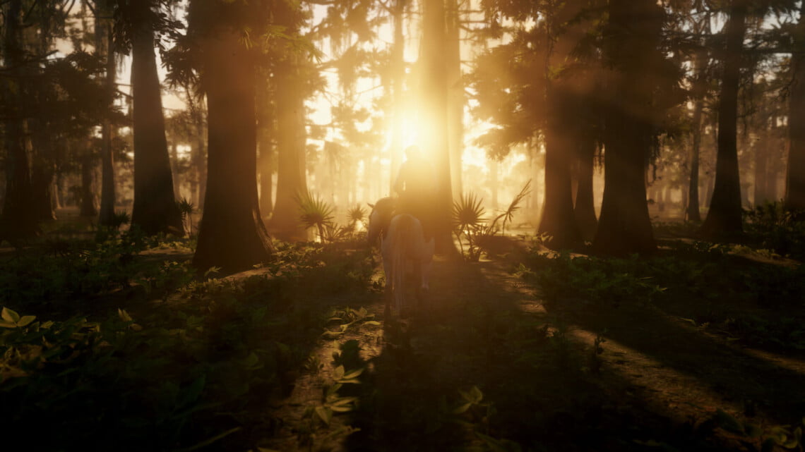Arthur Morgan in the bayou on an Andalusian horse. He's silhouetted against the setting sun and surrounded by trees.