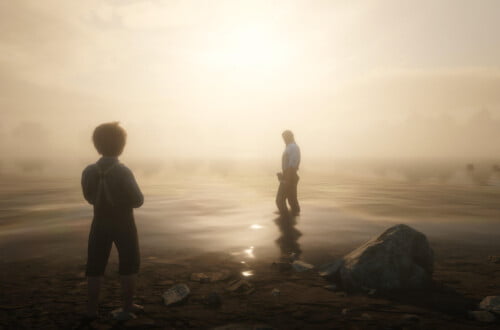 Arthur Morgan standing in Flatiron Lake. He looks back at Jack Marston, who stands on the shore. The photo is backlit and the light is misty and glowing.