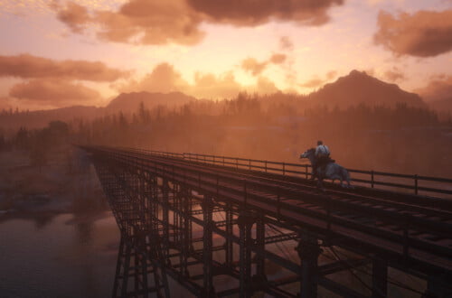 Arthur Morgan galloping across Bard's Crossing at sunset on a white roan Nokota.