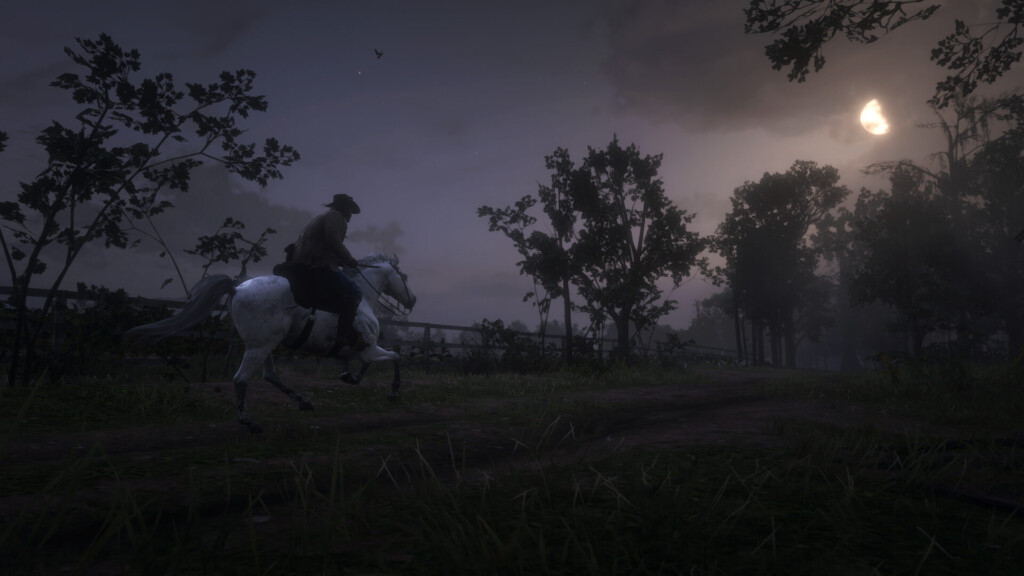 Arthur Morgan galloping on a Arabian horse outside Caliga Hall. The sky is blue-purple with a quarter moon.
