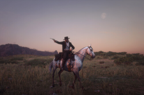 Arthur Morgan on a dapple gray Thoroughbred in a meadow. He points a revolver at someone out of frame. Behind him, the moon is beginning to appear as the sun goes down.