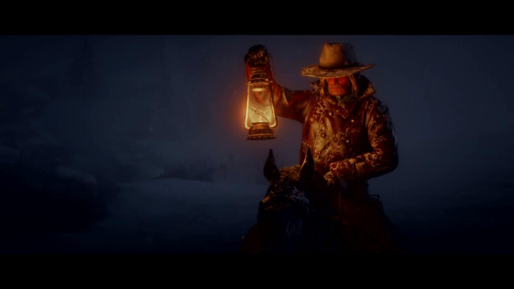 Micah Bell in the mission "Outlaws from the West." He's illuminated by a lantern he's holding and sits on his horse, Baylock.