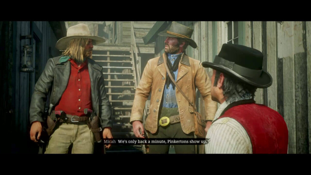 Arthur Morgan and Micah Bell in a still from "Just a Social Call." Again, their positions mirror each other. Dutch Van der Linde watches them.