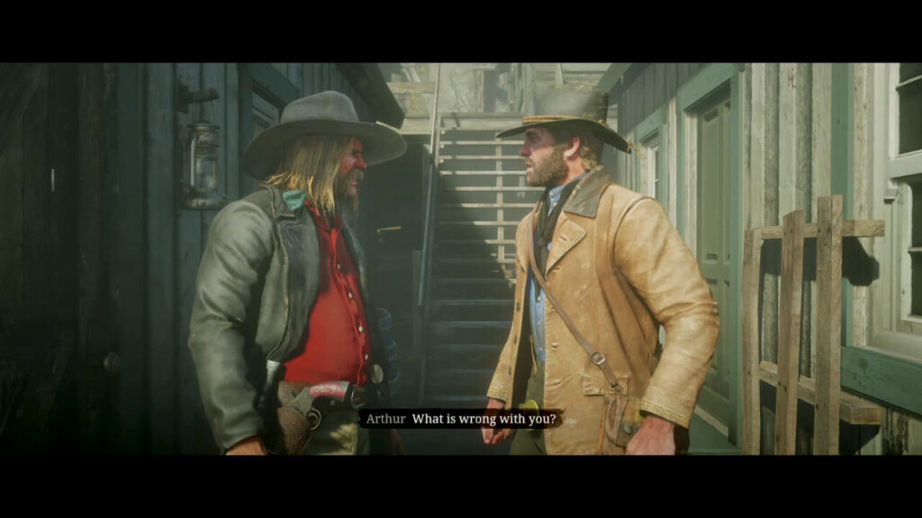 Arthur Morgan and Micah Bell facing each other in a still from "Just a Social Call." Their positions mirror each other and they are dressed in roughly "opposite" colors.