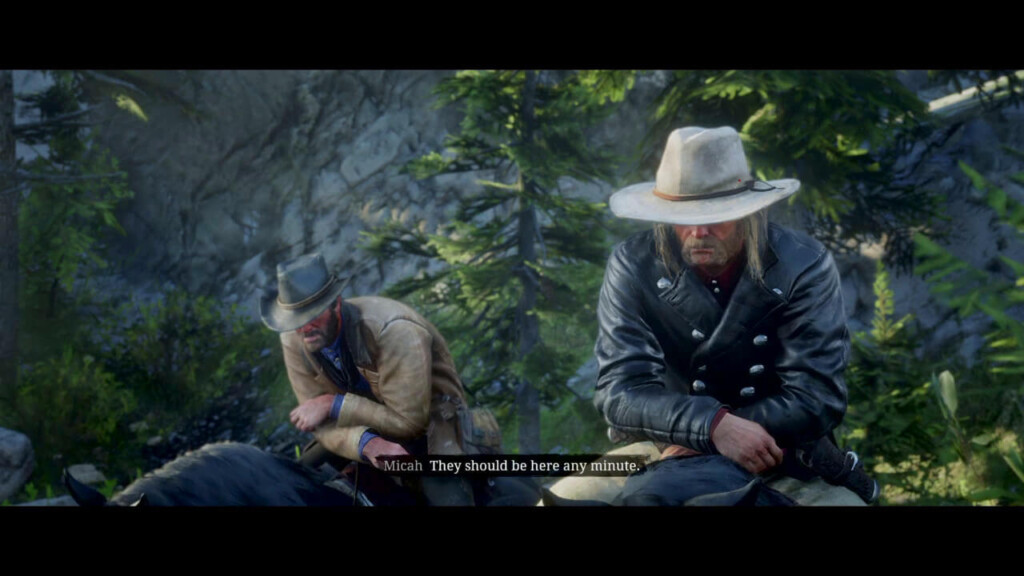 Arthur Morgan and Micah Bell in "An American Pastoral Scene." Both men are on horseback, leaning forward in their saddles with their arms crossed. Arthur has his left arm over his right; Micah has his right arm over his left. Both men's hat brims obscure their eyes. Arthur wears his tan jacket and black hat; Micah wears his white hat and black jacket.