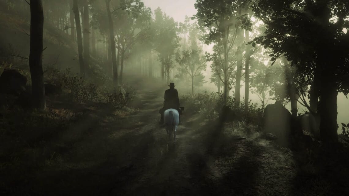 Arthur Morgan, dressed in black and riding a white Arabian in the Roanoke woods. Sunlight shines through the mist and trees.