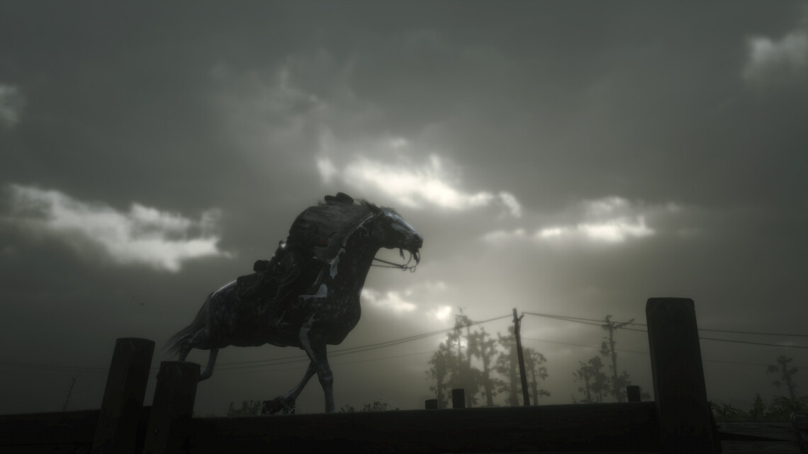John Marston galloping on a dapple gray pinto Missouri Fox Trotter under a stormy gray sky.