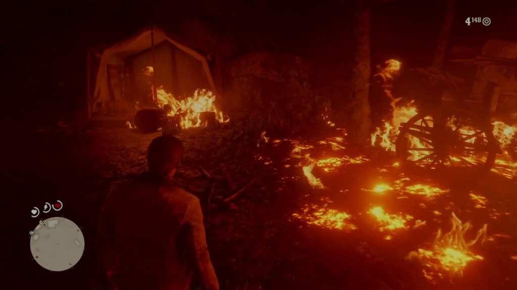 A view of the camp at Beaver Hollow after it's set on fire. There's a void in the fire where Susan Grimshaw's body had been.