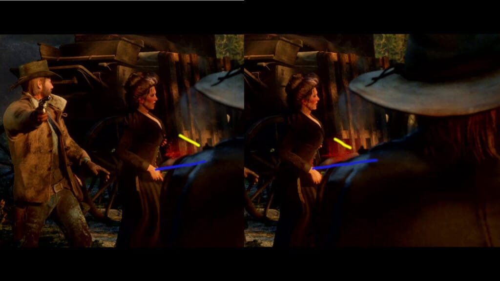 A side-by-side view of two frames of Susan Grimshaw as she's shot by Micah Bell. The direction of the blood leaving her body shows that Micah is standing at the wrong angle.
