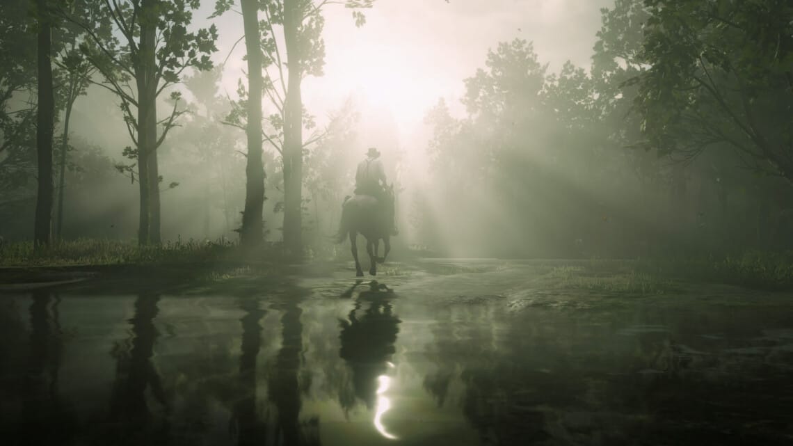Arthur Morgan galloping over the lake near Willard's Rest as the sun shines through the trees.