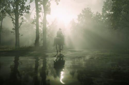 Arthur Morgan galloping over the lake near Willard's Rest as the sun shines through the trees.
