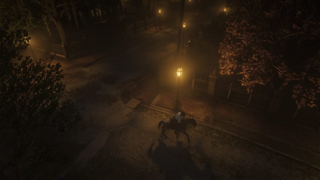 A high shot of Arthur Morgan on a Nokota horse on a vacant lamplit street in Saint Denis at night.