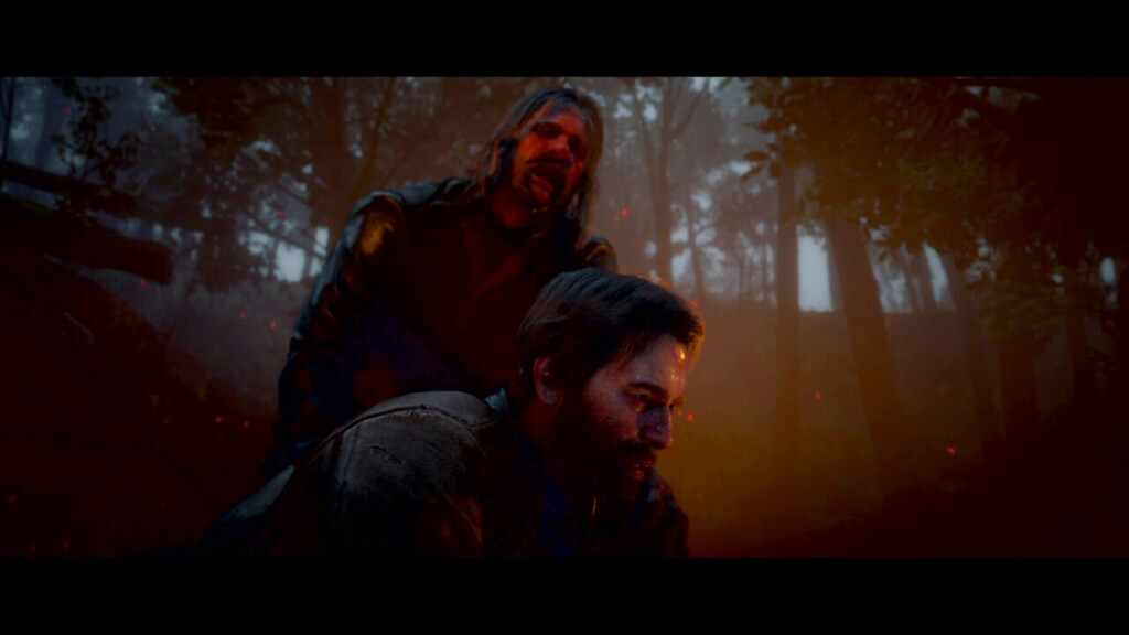 A still from "Red Dead Redemption," low honor, return for the money variation. The scene shows Micah looming over Arthur's body with a disturbing expression on his face.