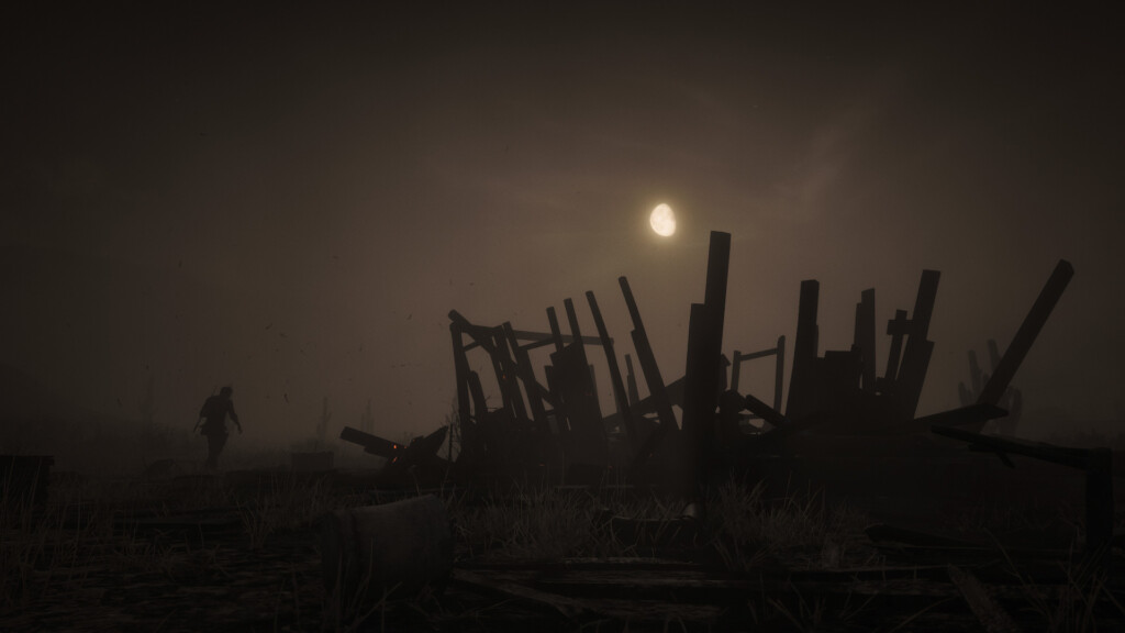 John Marston outside the exploding house during a dust storm at night.