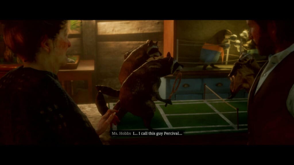 Mrs. Hobbes showing John a taxidermy racoon playing tennis. The caption reads, "I ... I call this guy Percival ..."