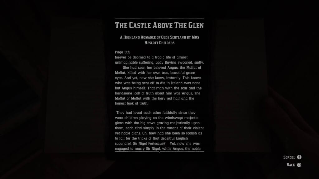 An excerpt from the ridiculous in-game novel "The Castle Above the Glen." The way that RDR2 mocks romance novels is just one way misogyny shows up in the game.