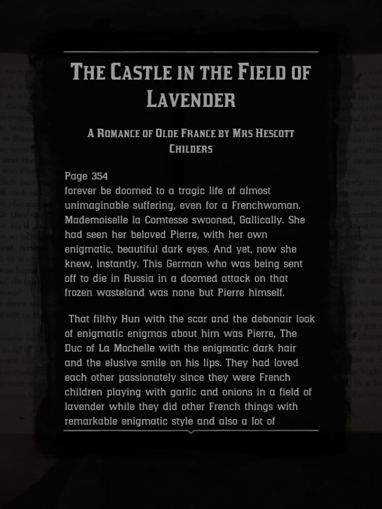 An excerpt from the in-game romance novel "The Castle in the Field of Lavender." The text is nearly identical to that in the other romance novels that RDR2 creates, in a spirit of misogyny, in order to mock.