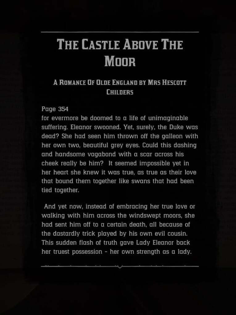 An excerpt from the in-game romance novel "The Castle Above the Moor." The text is nearly identical to that in the other romance novels that RDR2 creates, in a spirit of misogyny, in order to mock.