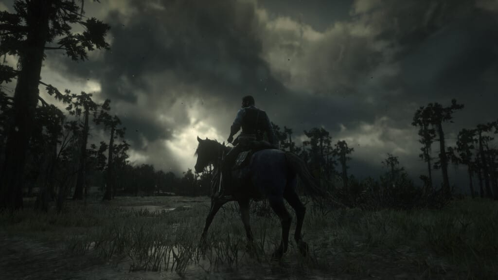 Arthur Morgan riding a Nokota horse in the Bayou at night as it rains.