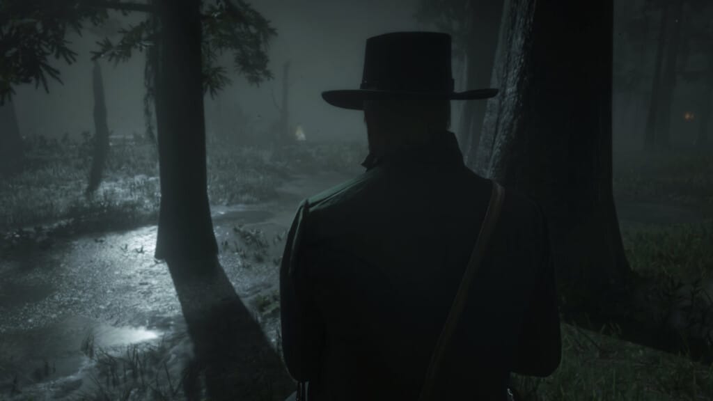 Arthur Morgan staring at Agnes Dowd's ghost, which is a faint shape in the distance.
