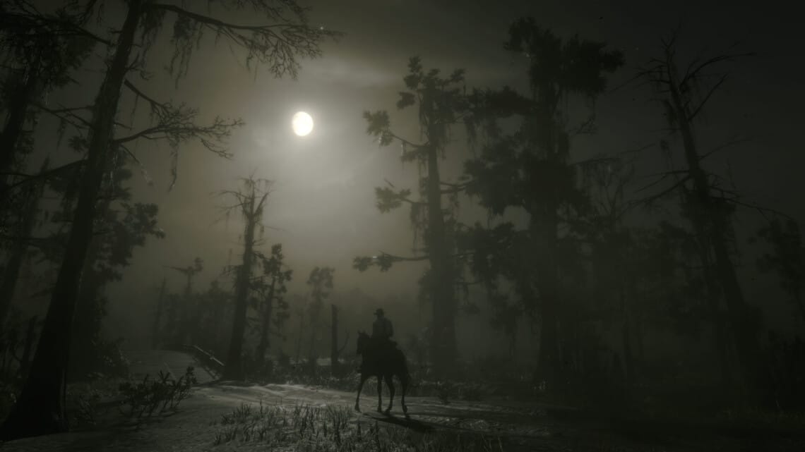 Arthur Morgan riding a Turkoman horse under the moon towards a bridge in the Bayou.