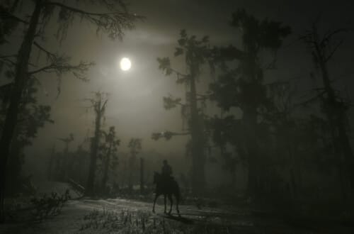 Arthur Morgan riding a Turkoman horse under the moon towards a bridge in the Bayou.