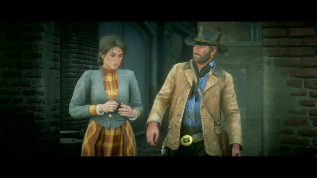 Mary Linton and Arthur Morgan in the mission "Fatherhood and Other Dreams." Mary's dress is an allusion to the Emily Bronte novel Wuthering Heights.