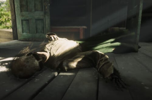 A skeleton that was once a woman named Martha. She lies on the floor of her cabin, clutching her chest.