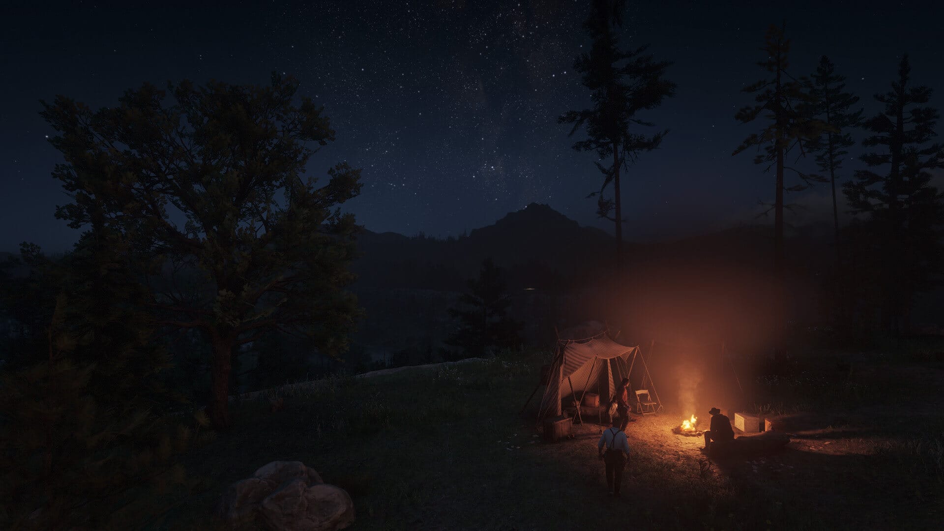 The campfire at Horseshoe Overlook from a distance, with the stars overhead.