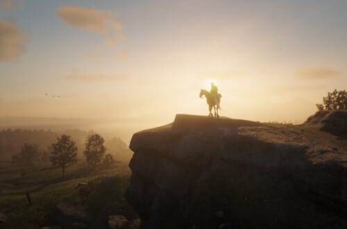 Arthur Morgan on a horse atop the Face Rock in Lemoyne. The setting sun gives him a halo.