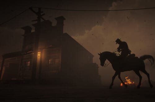 John Marston on a black Arabian horse entering the town of Armadillo.
