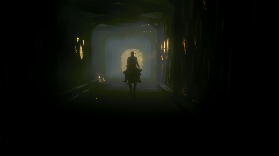 In RDR2, Arthur Morgan riding a horse out of a dark covered bridge towards the light at the end, much as Dante leaves Hell.