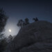 Arthur Morgan at the edge of a cliff on a gray horse, shot from below. It's a clear night. To the left of the image, a half moon is out.