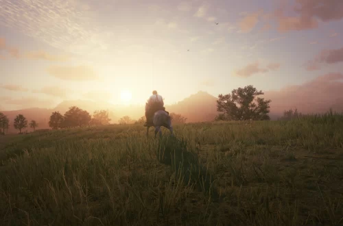 Arthur Morgan on a white roan Nokota, galloping through a field towards the sun.