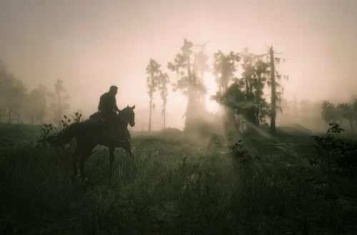 Arthur Morgan on a Thoroughbred horse near the swamp at dawn.