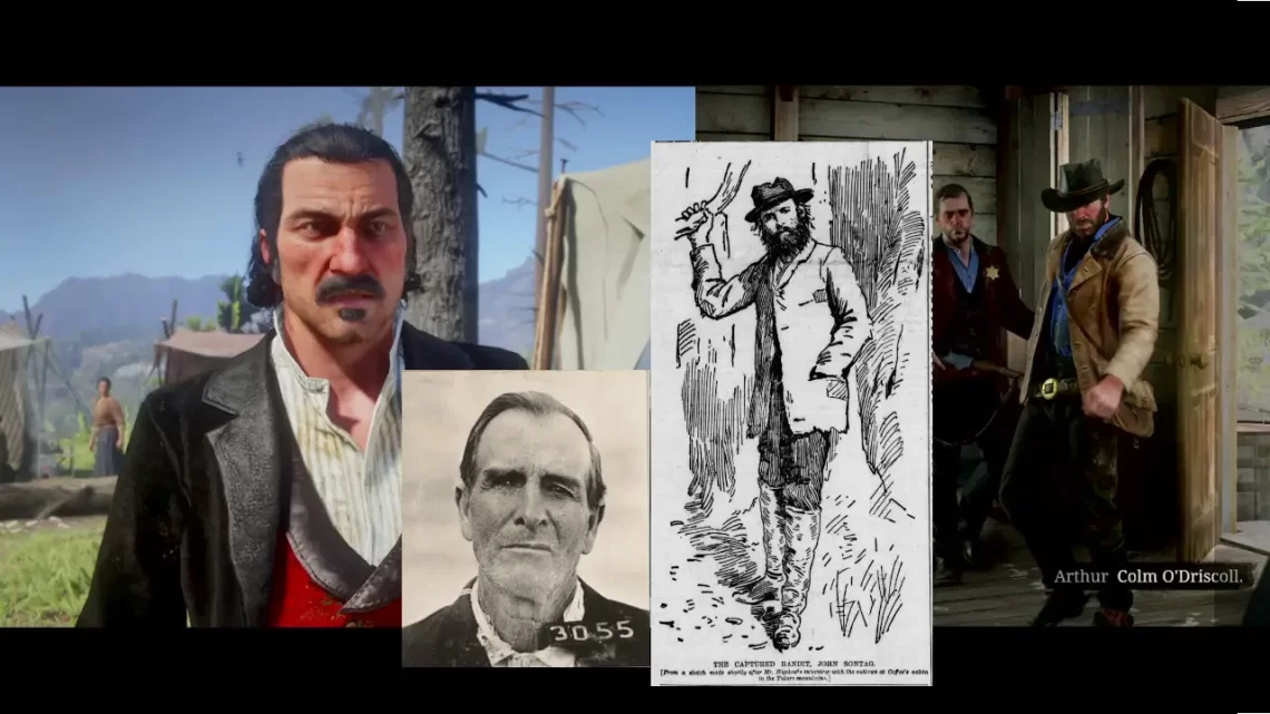 A photo collage of Dutch Van der Linde, a photo of outlaw Chris Evans, Arthur Morgan, and an illustration of John Sontag.
