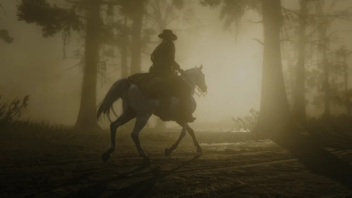 Arthur Morgan riding a white Arabian horse in the swamp near Lagras.