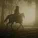 Arthur Morgan riding a white Arabian horse in the swamp near Lagras.