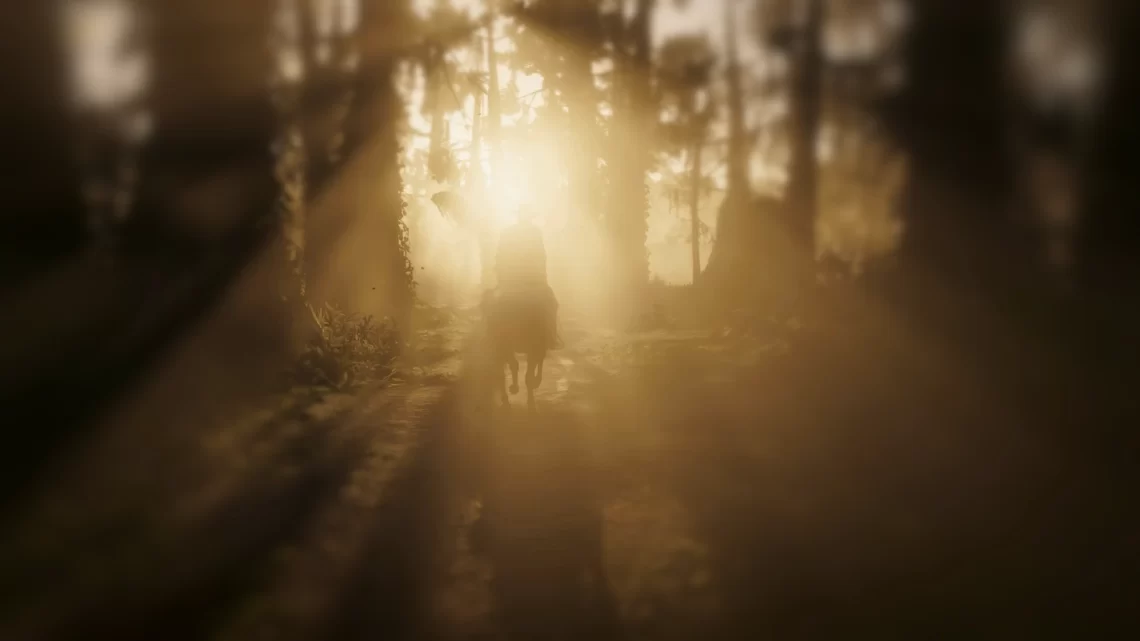 Arthur Morgan riding into a misty sunset in the bayou.