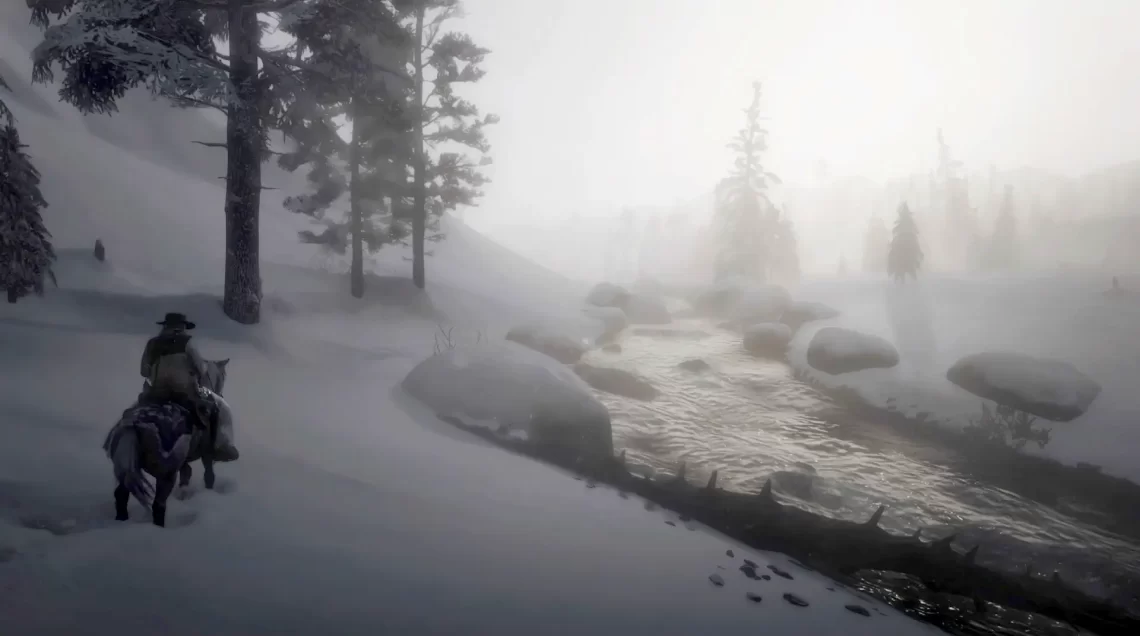 Arthur Morgan sitting on a gray dun mustang in the snow beside a river, looking off into the fog.