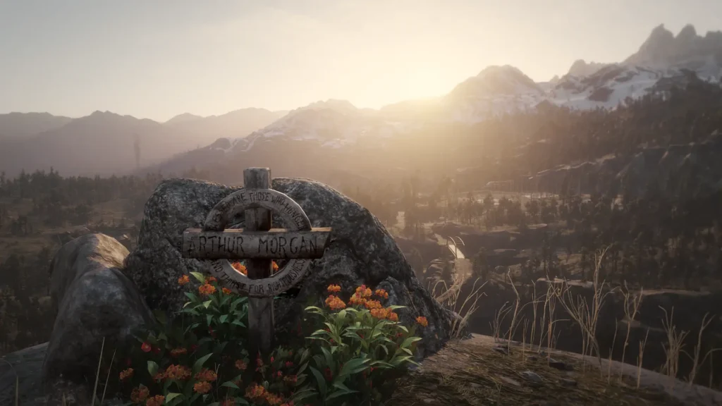Arthur Morgan's grave with the sun setting behind it.