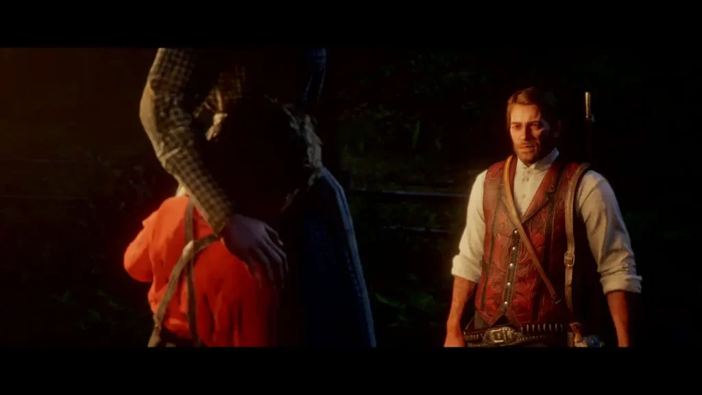 A still from "Money Lending and Other Sins VII." In the foreground, a little boy peeks out at Arthur from behind his mother. Arthur looks at him with a pained expression.