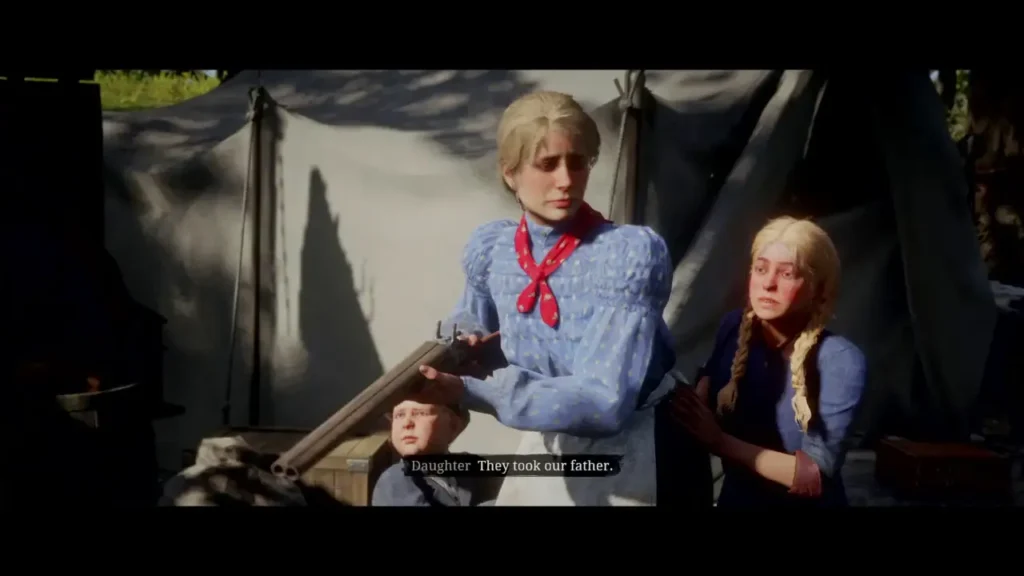 A still from "A Strange Kindness." A mother holds a shotgun while her children, a boy and girl, huddle behind her. The daughter is saying "They took our father."