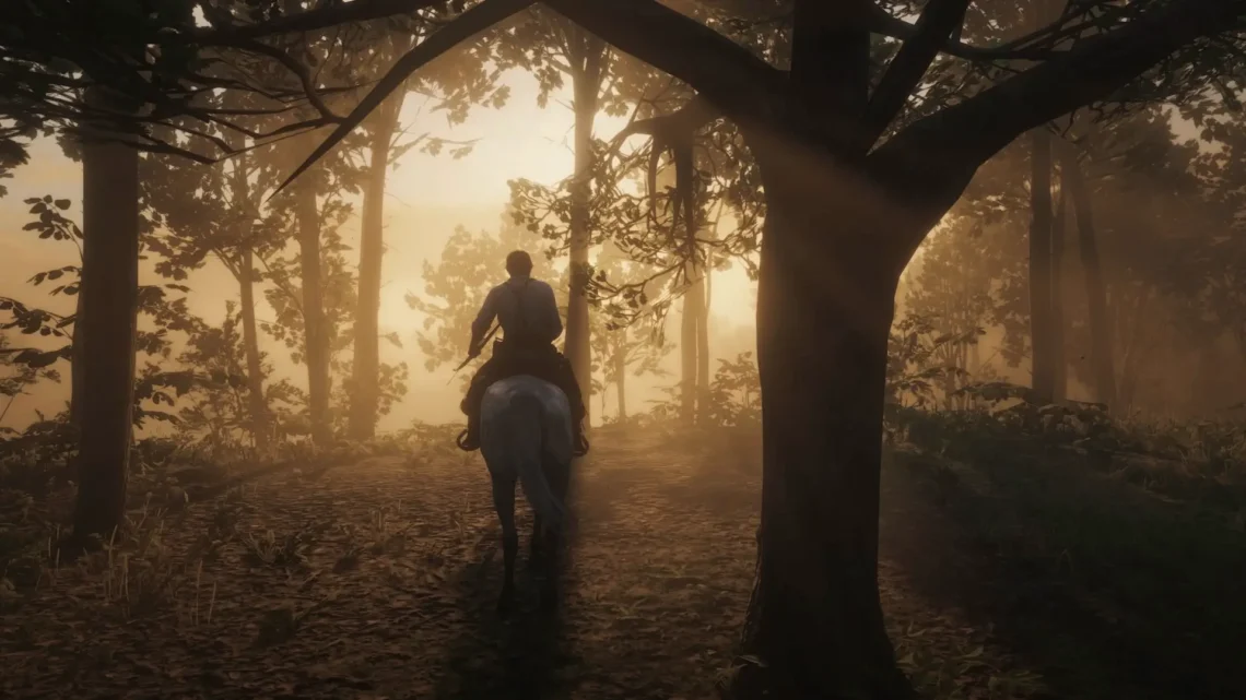Arthur Morgan on a gray horse in the forest. He rides through a dark forest towards golden sunlight, holding a bow in his left hand and the reins in his right.