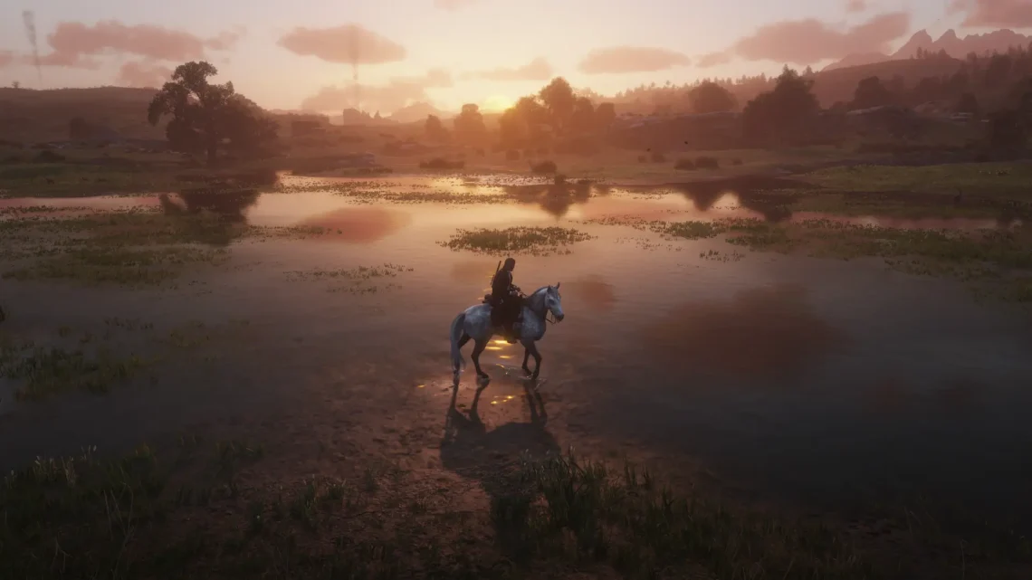 Arthur Morgan on a dapple gray Thoroughbred at the Heartland Overflow at dawn.