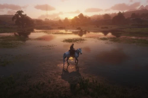 Arthur Morgan on a dapple gray Thoroughbred at the Heartland Overflow at dawn.